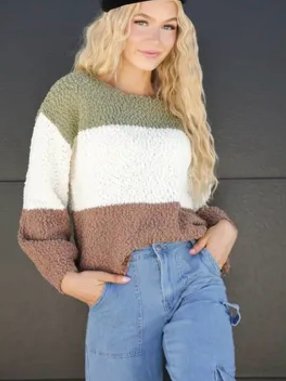 Altar'd State Olive, Cream & Brown Colorblock Popcorn Knit Crew